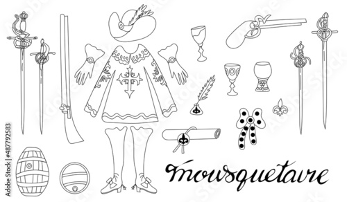 Set of musketeers: cloak, hat, gloves and boots, antique swords, muskets, letter, inkwell, pen, glasses in the style of doodles isolated on a white background. Design or coloring element.