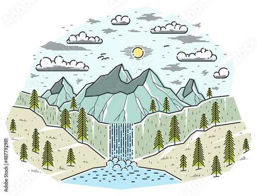 Beautiful waterfall from high mountains range vector illustration isolated on white, beauty in nature theme, hiking camping and travel theme line art drawing.