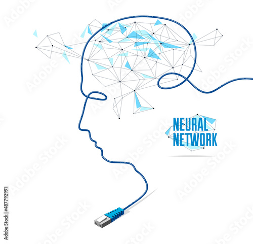 Neural network artificial intelligence vector concept with plug in a shape of man head silhouette and connected lines, technology and science theme.