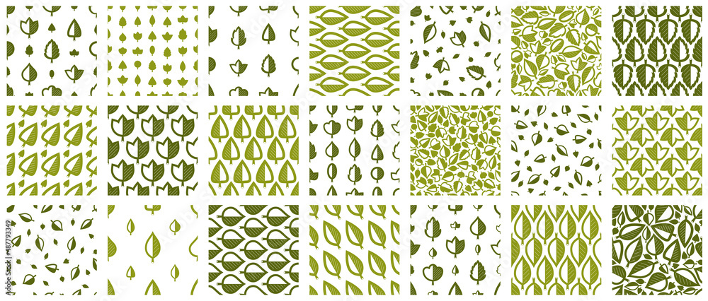 Stylish cartoon leaves seamless vector pattern set, endless wallpaper or textile swatch with tree floral, green spring life theme pic collection.