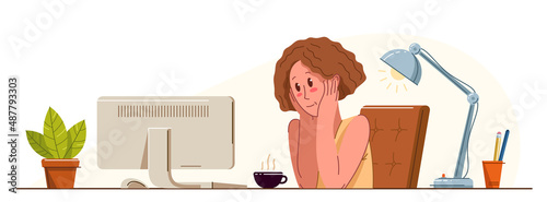 Young woman office worker having coffee break during a day vector flat illustration isolated, relaxed resting watching monitor employee, job done, work finished, lazy.