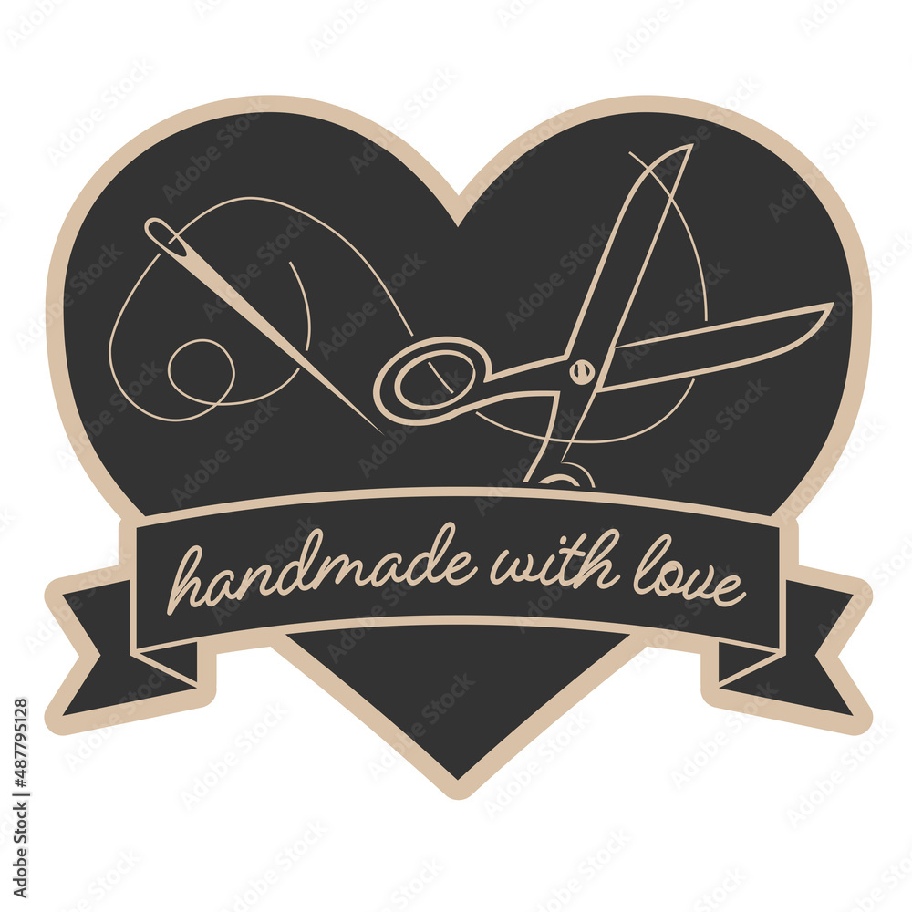 heart-shaped HANDMADE WITH LOVE sticker or label with sewing needle, thread and scissors, vector illustration