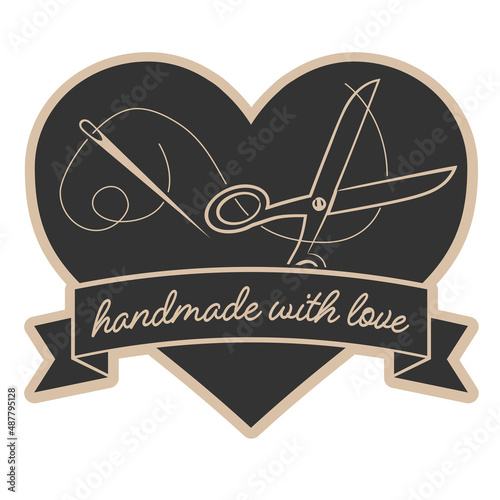 heart-shaped HANDMADE WITH LOVE sticker or label with sewing needle, thread and scissors, vector illustration