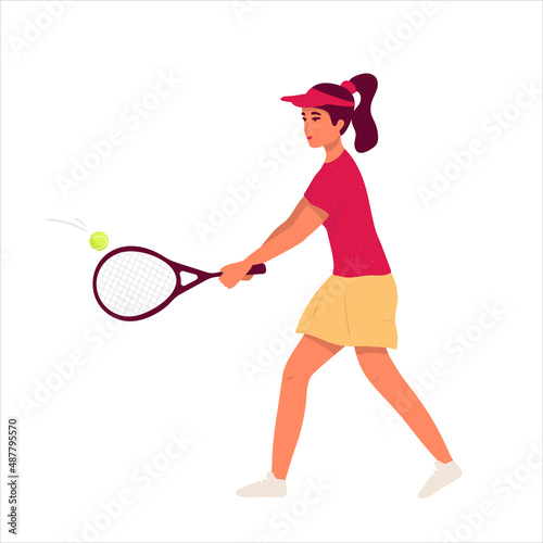 woman playing tennis. flat character. Vector illustration. Sportswoman playing big tennis. isolated on whine. female taking part at championship or training