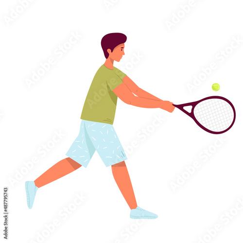 man playing tennis. flat character. Vector illustration. man demonstrate receive position holding racket. Sportsman playing big tennis. isolated on whine. male taking part at championship or training