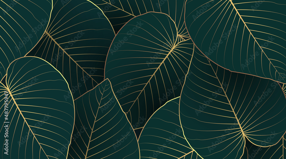 Luxury nature leaf background design with golden line arts on dark green background color. Tropical leaf wallpaper, Hand drawn outline design for fabric , print, cover, banner and invitation. - obrazy, fototapety, plakaty 