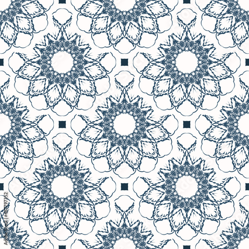 Seamless pattern with monograms. Background with white and blue color. Good for postcards. Vector.