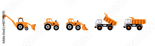 Construction Truck collection: digger, tractor, excavator and dump truck. Vector drawing isolated on white © Ava Ava