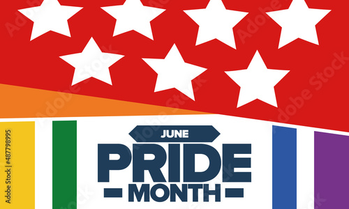 Pride Month in June. LGBT flag. Lesbian Gay Bisexual Transgender. Celebrated annual. Rainbow colours, love concept. Human rights and tolerance. Poster, banner and background. Vector illustration