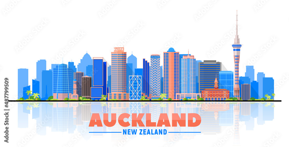 Auckland ( New Zealand ) skyline with panorama in white background. Vector Illustration. Business travel and tourism concept with modern buildings. Image for presentation, banner, website.
