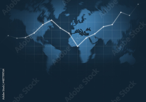 illustration d'un graphique montrant une progression pouvant illustrer le monde de la finance et des affaires ou bien aussi la progression du virus Covid 19. En arrière plan, la carte du monde.