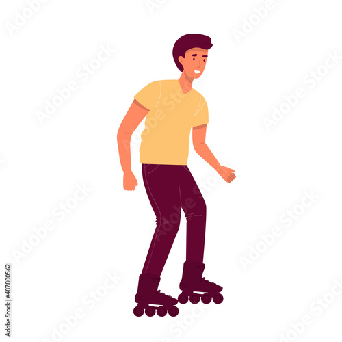 man rides to roller skate outdoors. Cartoon flat character design isolated .Leisure, recreational activity and sport spare time concept