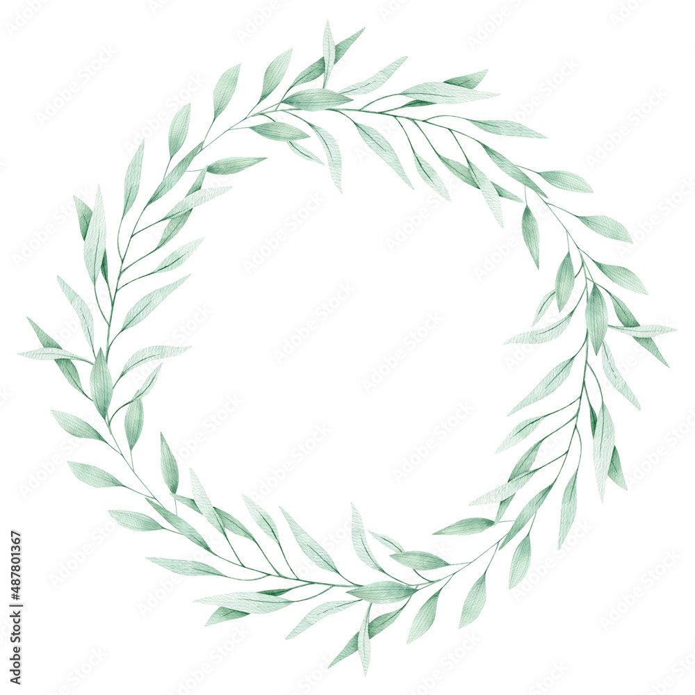 Watercolor illustration card green leaves branches wreath. Isolated on white background. Hand drawn clipart. Perfect for card, postcard, tags, invitation, printing, wrapping.
