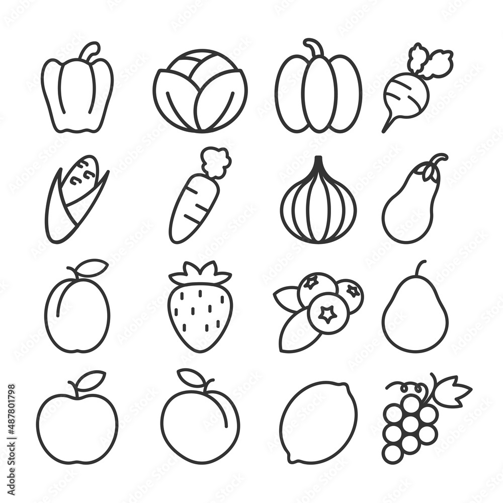 16 food icon set with vegetables and fruit. Outline icons 16 food icon set with vegetables and fruit. Outline icons