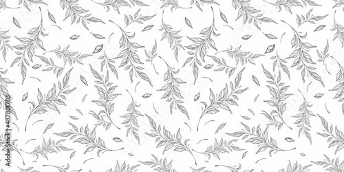 seamless pattern background, leaf stem art ink drawing in black and white