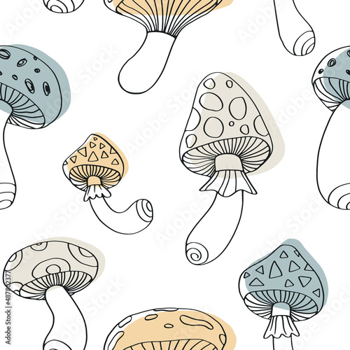 Hand drawn sketch mushroom pattern. Seamless outline vector print with toadstool for textile, fabric, paper, pillow.