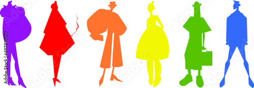 set of multicolored vector silhouettes. Stylish female images of rainbow colors. Fashion poses for stickers, posters, cards, clothing, print, creativity, advertising