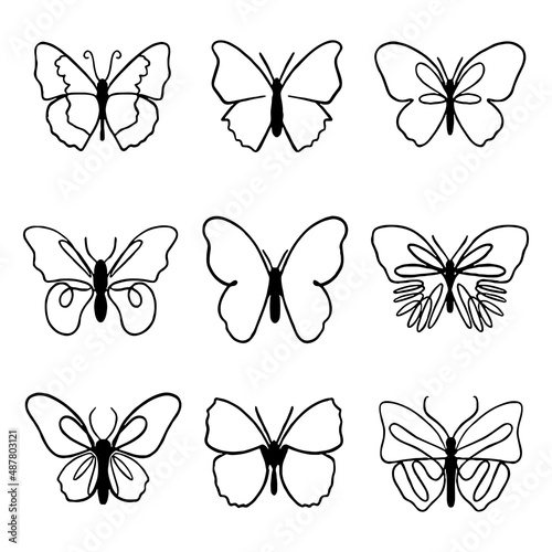 Silhouette of black Butterfly continuous line drawing elements set isolated on white background for logo or decorative element. Vector illustration of various insect forms in trendy outline style.