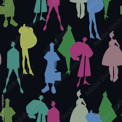 continuous pattern on a dark background. Vector silhouettes of women in pastel shades. For clothes, fabrics, packaging, advertising, decoration, wallpaper.