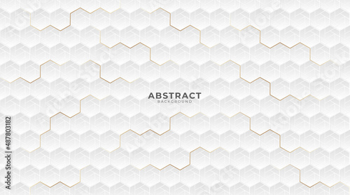Abstract white and gold hexagonal background. Luxury modern white geometric pattern. Abstract technology, Futuristic digital hi tech concept, for ad, poster, template, cover, wallpaper, texture.