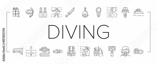 Diving Scuba Equipment Collection Icons Set Vector .