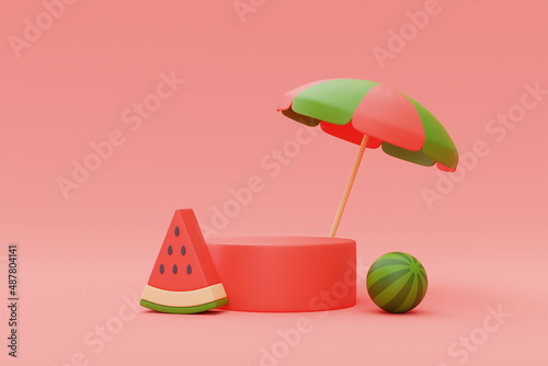3d rendering of watermelon isolated with podium display on red background,summer vacation concept,summer elements,minimal style.3d render.