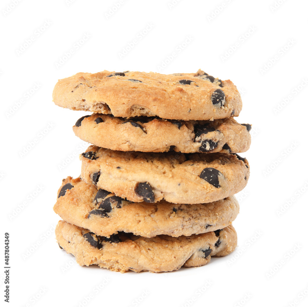 Stack of delicious chocolate chip cookies on white background Stack of delicious chocolate chip cookies on white background