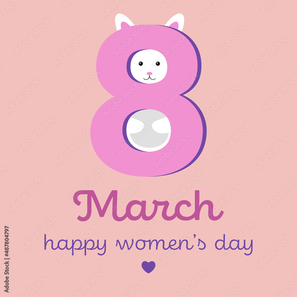 8 march card. Funny rabbit behind number eight on pink background. Vector illustration for Women's day