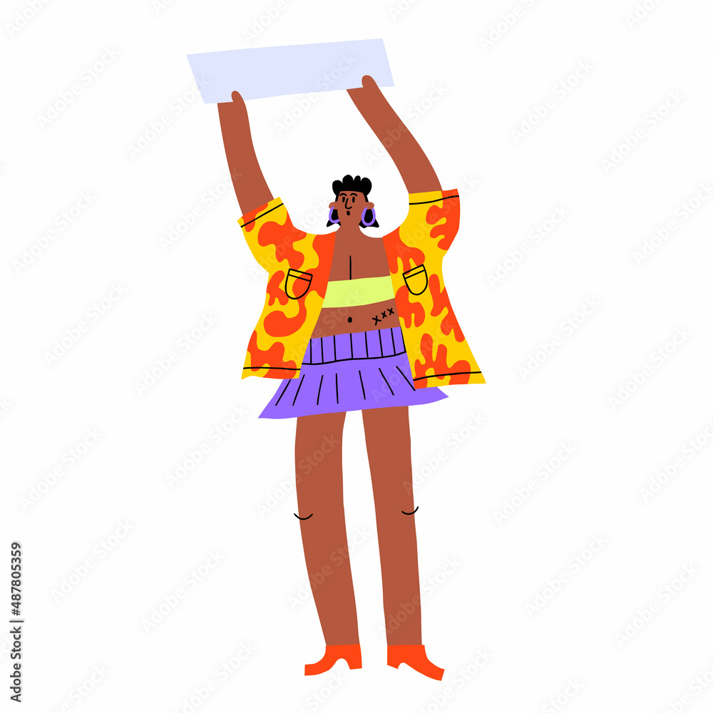 ethnic woman with a placard at a democratic demonstration for human rights. Body neutrality and feminism. New ethics and gender free. Picket and procession. Female protest ethnic woman with a placard at a democratic demonstration for human rights. Body neutrality and feminism. New ethics and gender free. Picket and procession. Female protest