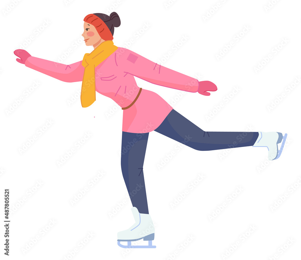 Ice skating person. Smiling woman in warm clothes