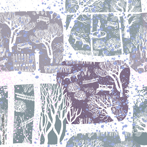 Silhouettes of trees in the snow in winter park on calm halftones background. Snowfall seamless pattern. Modern vector illustration for baby design, quilt, outwear fabric, wallpaper, packaging.