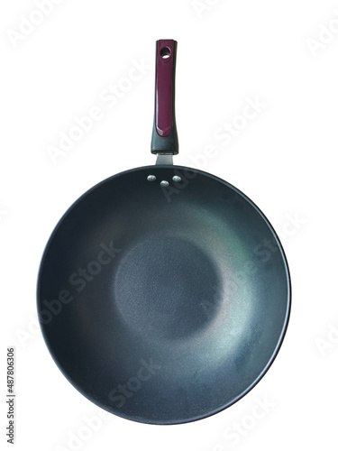 Black teflon skillet with non-stick coated surface isolated on white background