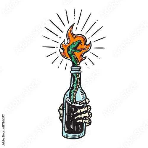 Molotov cocktail illustration with a snake as the wick