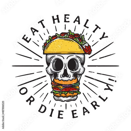 illustration of a skull eating a burger and a taco hat