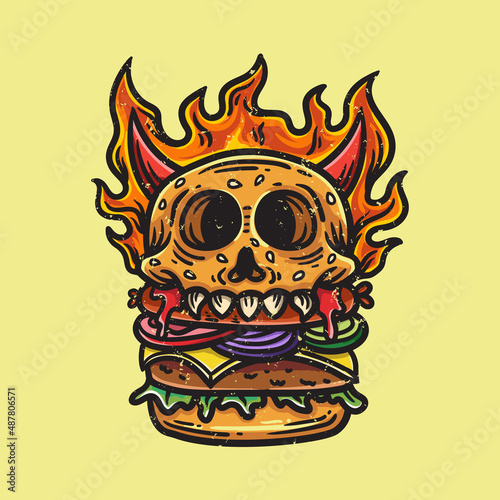 skull monster burger illustration with horns and burning fire