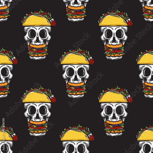 seamless pattern of a skull eating a burger and a taco hat