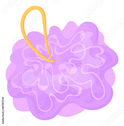 Purple shower loofah. Cartoon bath mesh sponge