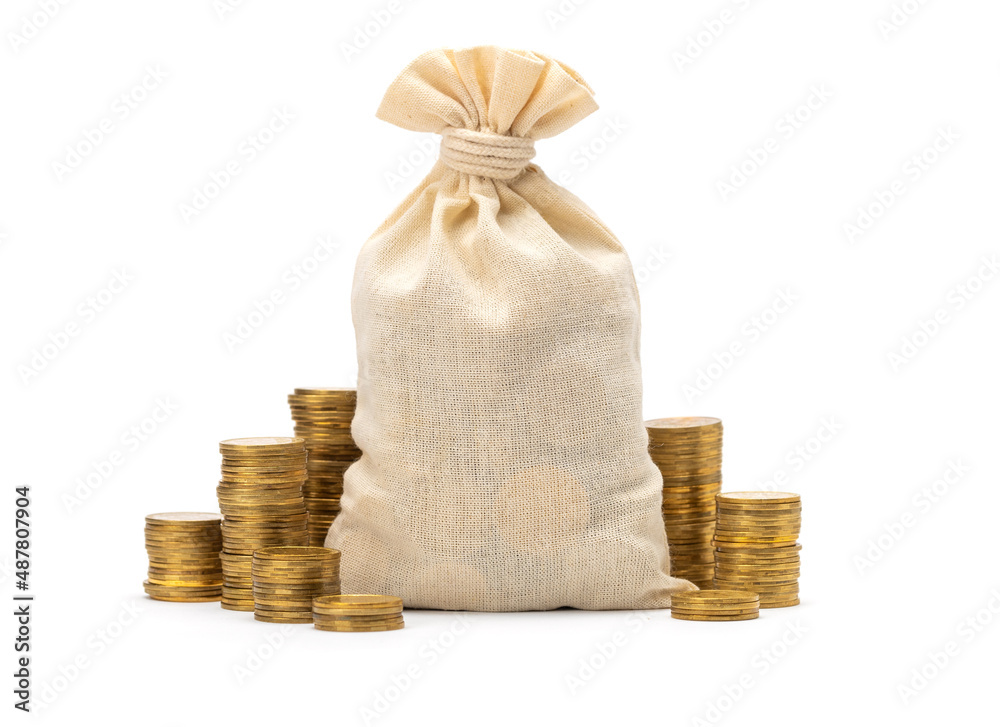Money bag with stacks of gold coins isolated on white background. Template  mock-up Stock-Foto | Adobe Stock
