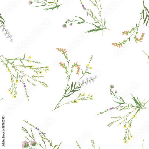 Blossom floral seamless pattern. Blooming botanical motifs scattered random. Trendy colorful vector texture. Fashion, ditsy print, fabric. Hand drawn different wild meadow flowers on white background © Marharyta