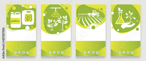 Fertilizer in a bag and canister, tractor fertilizes the soil in the field, irrigation of plants, chemical and organic fertilizers. Vector set of agricultural booklets, banners