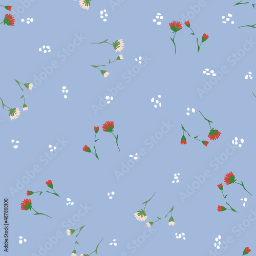 Floral blossom seamless pattern. Randomly scattered blooming botanical motif. Hand drawn flowers on branches sketch drawing on white polka dotted background. Color vector illustration on blue