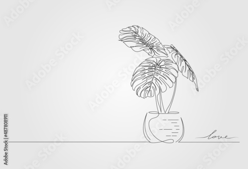 Vector plant monstera in pot. Continuous outline line drawing of nature with stems and leaves monstera. Concept hand drawn vector design. Vector illustration