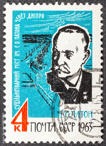 USSR - CIRCA 1963: stamp printed in USSR Russia shows portrait of Evgen Paton with the inscription Welded Paton Bridge across Dnieper , series 10th Death Anniversary of E. O. Paton , circa 1963 © Vladimir