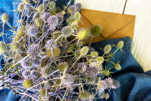 Wildflowers on a white background. Place for text. Flat lay