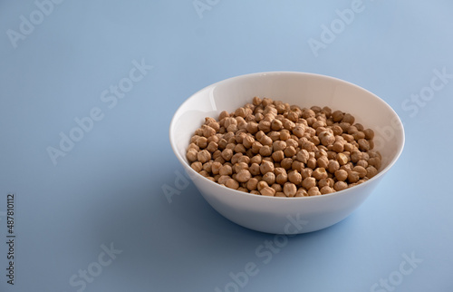 Selected grains of raw chickpeas in a white bowl on a blue background. Horizontal orientation, copy space, no people