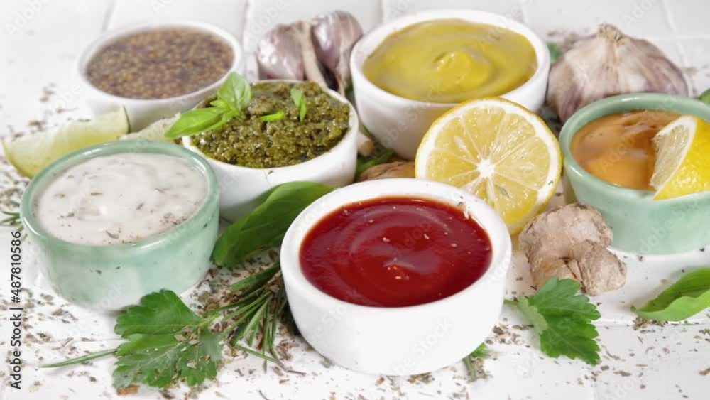 Assortment of different classic sauces and dips in sauceboats. Mayonnaise, ketchup, tartare, mustard, pesto, sour cream, barbecue sauces with spices, herbs, lemon Assortment of different classic sauces and dips in sauceboats. Mayonnaise, ketchup, tartare, mustard, pesto, sour cream, barbecue sauces with spices, herbs, lemon