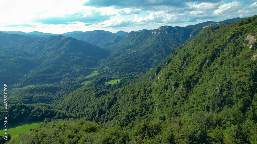AERIAL: Scenic aerial view of the vast valley covered in lush green forests.