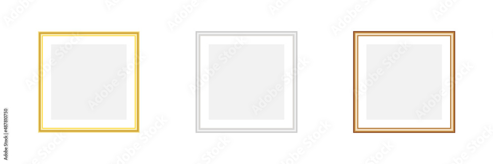 Photo frame square mockup collection. Realistic empty golden, silver and copper frames set. Vector illustration isolated on white. Photo frame square mockup collection. Realistic empty golden, silver and copper frames set. Vector illustration isolated on white.