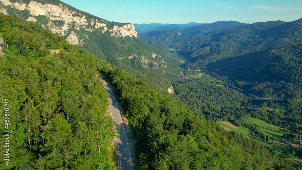 AERIAL: Mountain road runs across the lush green forest covering the landscape.