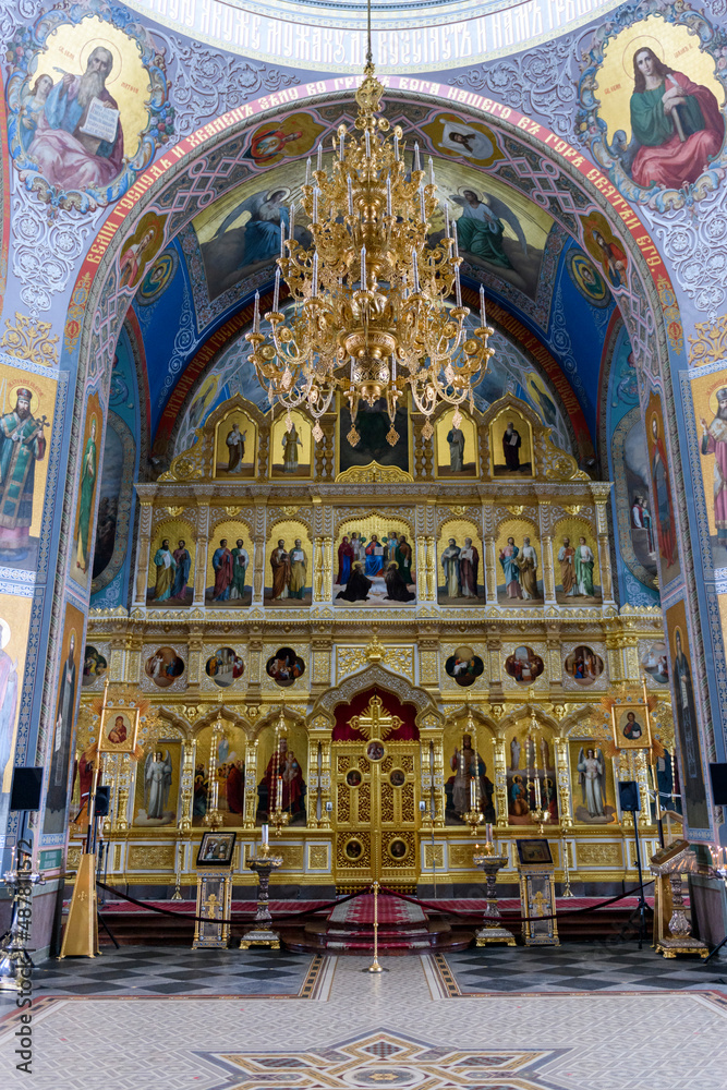 Interior with icons in Russian orthodox cathedral. Valaam monastery.
